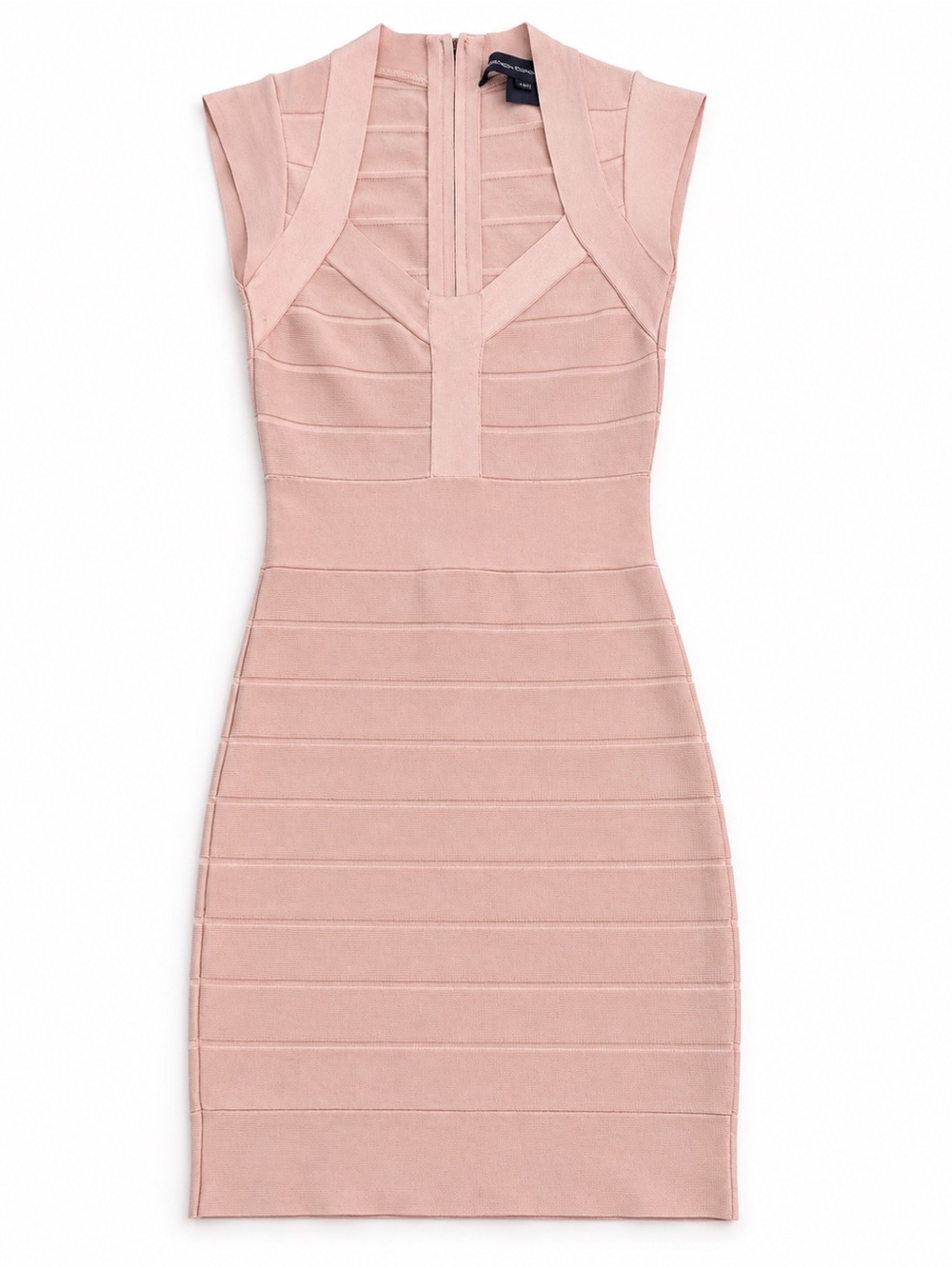 FRENCH CONNECTION BANDAGE DEEP V BODYCON DRESS WOMENS SIZE 4 CHAMPAGNE BEIGE